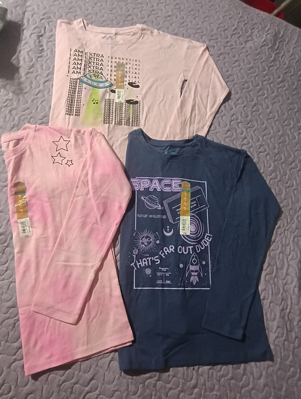 3 Long Sleeve Space & Star Graphic Tees - Size 16/Xl